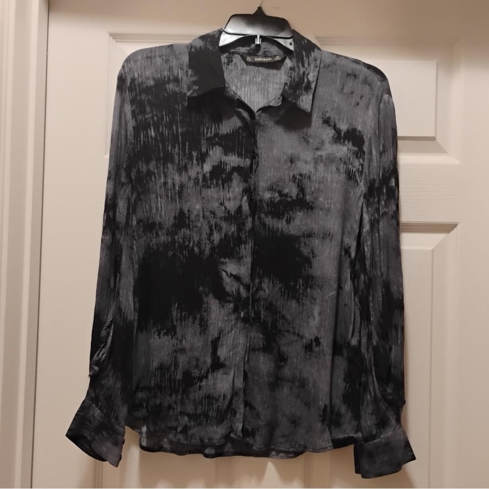 Zara Sheer Abstract Blouse Black Gray Button Front Flowing Lightweight Top M